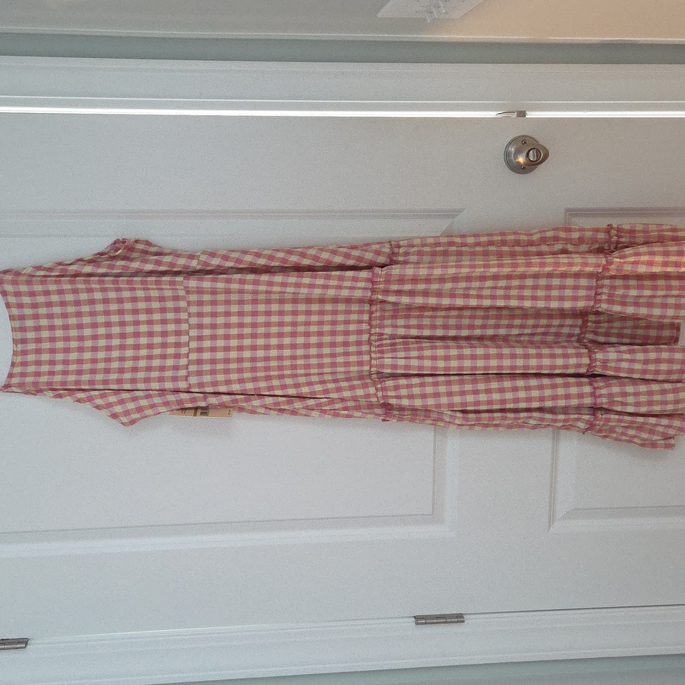 NWT Nanette Lepore Pink Yellow Gingham Plaid Crinkle Tiered Midi Maxi Dress 14